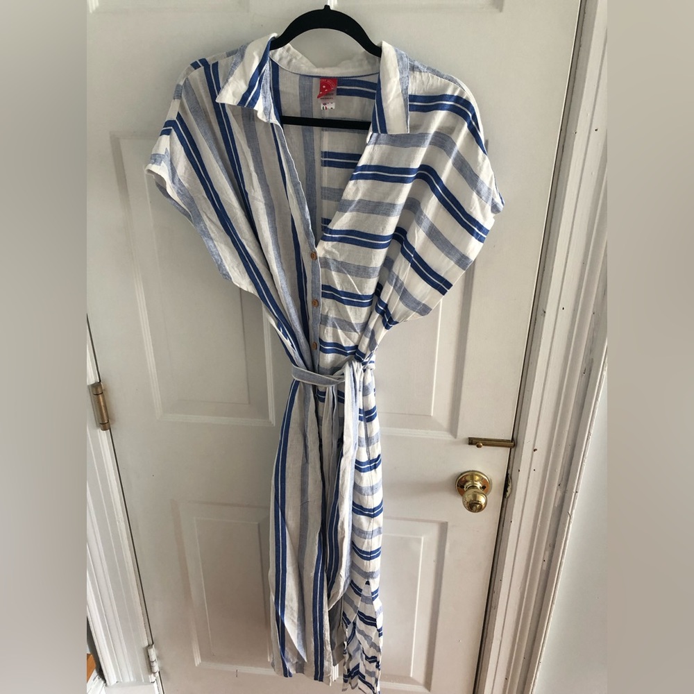 Red Carter blue and white striped linen blend casual button down maxi dress
